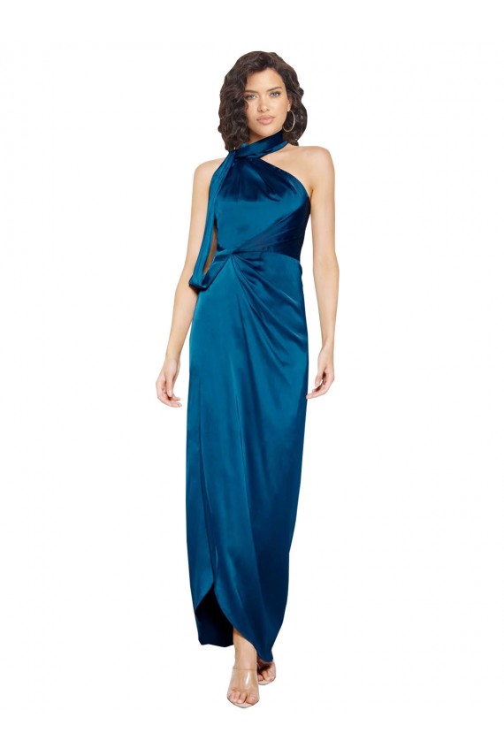 Vendeurs de Bleu paon Fourreau Licou Col Haut Satiné Soyeux Longue Formelles Robes demoiselle d'honneur / Robes de soirée / Robes de bal