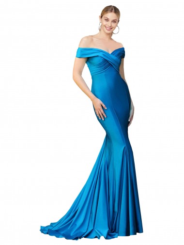 Vendeurs de Bleu paon Sirène Épaule Dénudée Satiné Longue Formelles Robes demoiselle d'honneur / Robes de soirée / Robes de bal