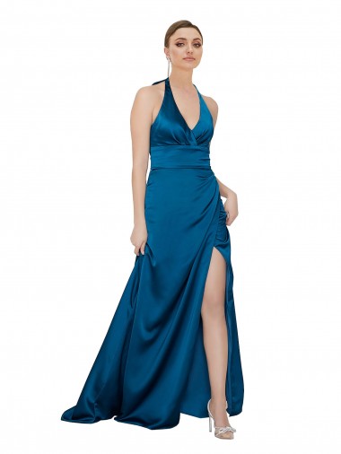 Vendeurs de Bleu paon Trapèze Licou Satiné Soyeux Longue Formelles Robes demoiselle d'honneur / Robes de soirée / Robes de bal