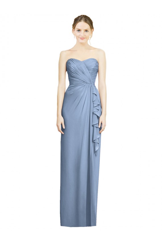 Vendeurs de Bleu poussiéreux Fourreau Sans bretelle Mousseline Longue Robes demoiselle d'honneur