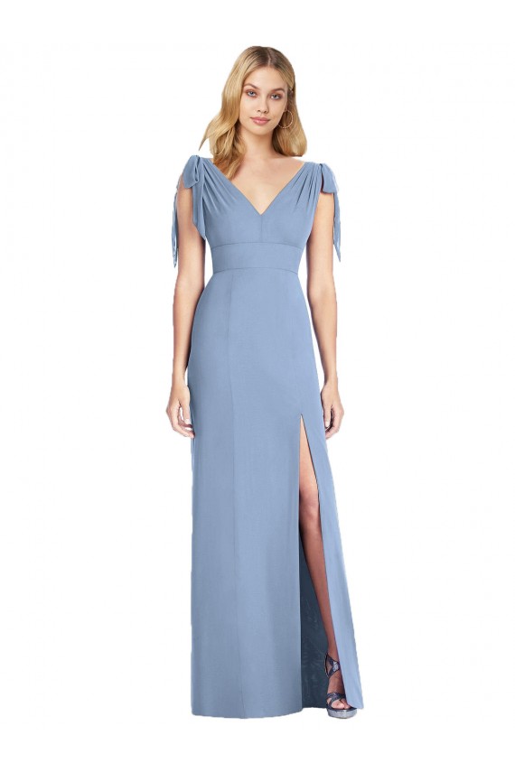 Vendeurs de Bleu poussiéreux Sirène Col V Mousseline Longue Robes demoiselle d'honneur