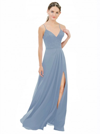 Vendeurs de Bleu poussiéreux Trapèze Bretelles spaghetti Col V Mousseline Dentelle Longue Robes demoiselle d'honneur