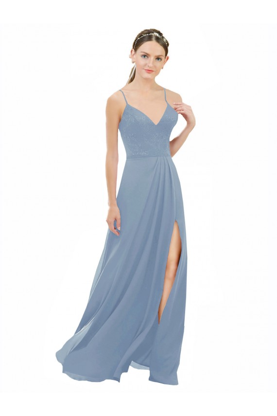 Vendeurs de Bleu poussiéreux Trapèze Bretelles spaghetti Col V Mousseline Dentelle Longue Robes demoiselle d'honneur