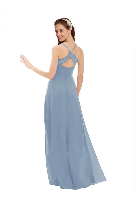 Vendeurs de Bleu poussiéreux Trapèze Bretelles spaghetti Col V Mousseline Dentelle Longue Robes demoiselle d'honneur