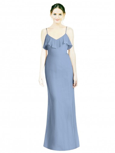 Vendeurs de Bleu poussiéreux Trapèze Bretelles spaghetti Col V Mousseline Longue Robes demoiselle d'honneur
