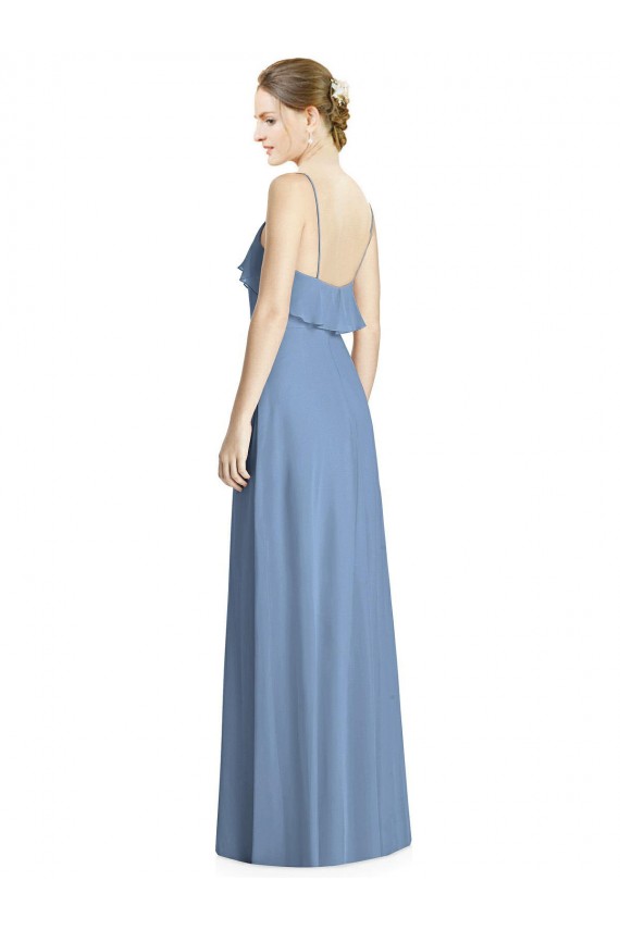 Vendeurs de Bleu poussiéreux Trapèze Bretelles spaghetti Col V Mousseline Longue Robes demoiselle d'honneur