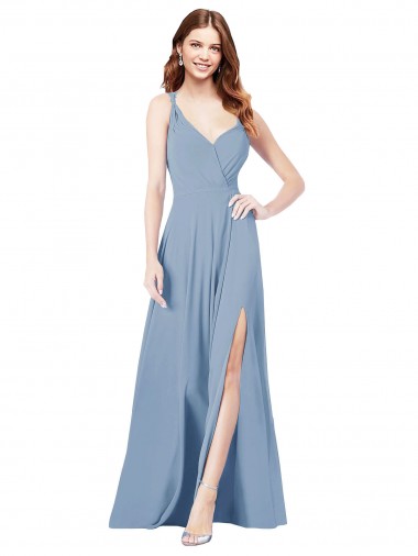 Vendeurs de Bleu poussiéreux Trapèze Bretelles spaghetti Col V Mousseline Longue Robes demoiselle d'honneur