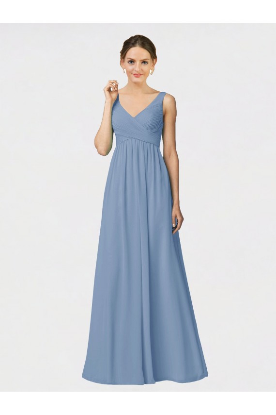Vendeurs de Bleu poussiéreux Trapèze Bretelles spaghetti Mousseline Longue Robes demoiselle d'honneur