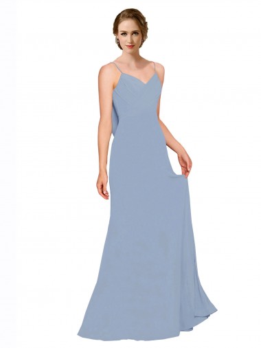 Vendeurs de Bleu poussiéreux Trapèze Bretelles spaghetti Mousseline Longue Robes demoiselle d'honneur