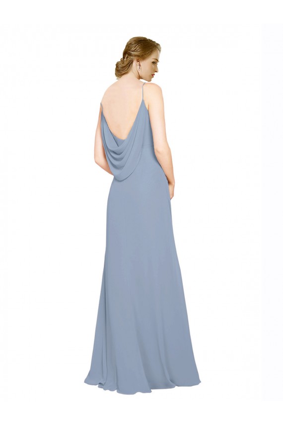 Vendeurs de Bleu poussiéreux Trapèze Bretelles spaghetti Mousseline Longue Robes demoiselle d'honneur