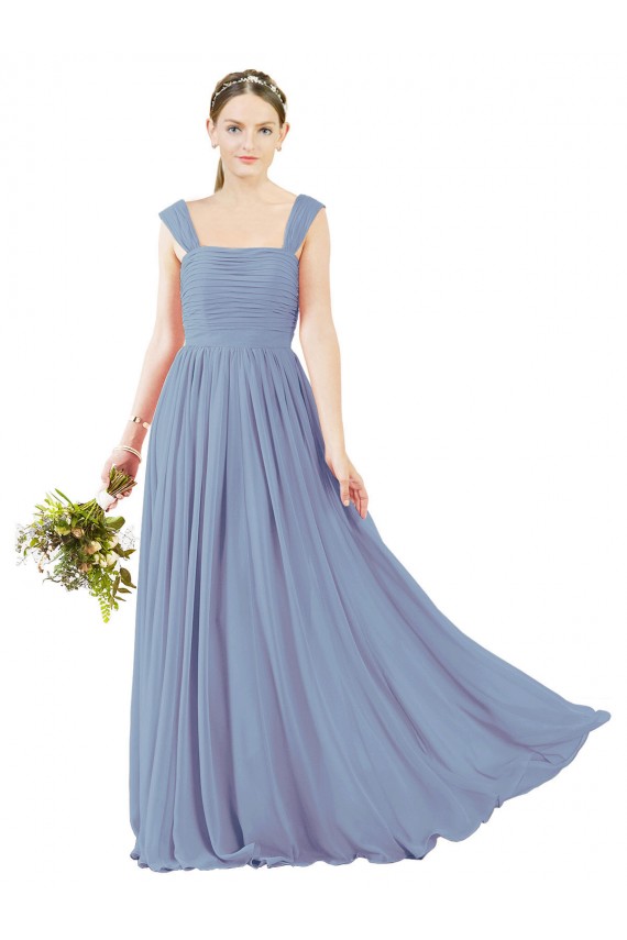 Vendeurs de Bleu poussiéreux Trapèze Col Carré Mousseline Longue Robes demoiselle d'honneur