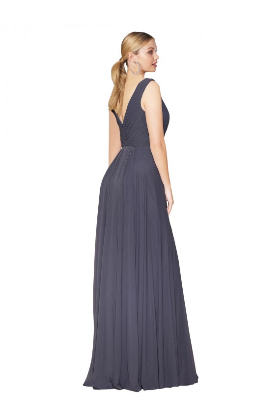 Vendeurs de Bleu poussiéreux Trapèze Col V Mousseline Longue Formelles Robes demoiselle d'honneur / Robes de soirée / Robes de bal