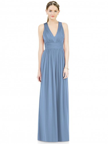 Vendeurs de Bleu poussiéreux Trapèze Col V Mousseline Longue Robes demoiselle d'honneur