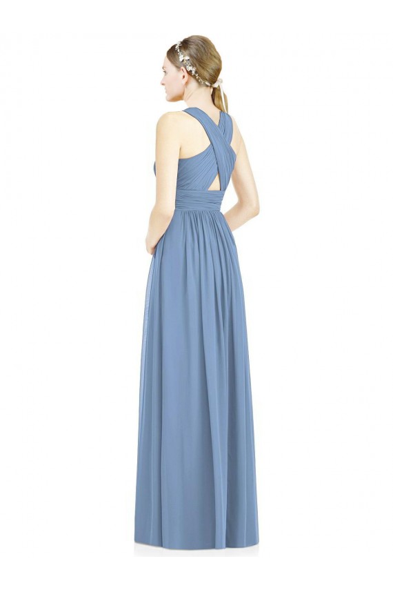 Vendeurs de Bleu poussiéreux Trapèze Col V Mousseline Longue Robes demoiselle d'honneur