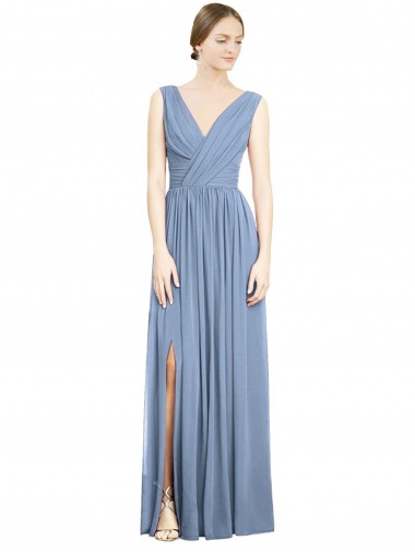 Vendeurs de Bleu poussiéreux Trapèze Col V Mousseline Longue Robes demoiselle d'honneur