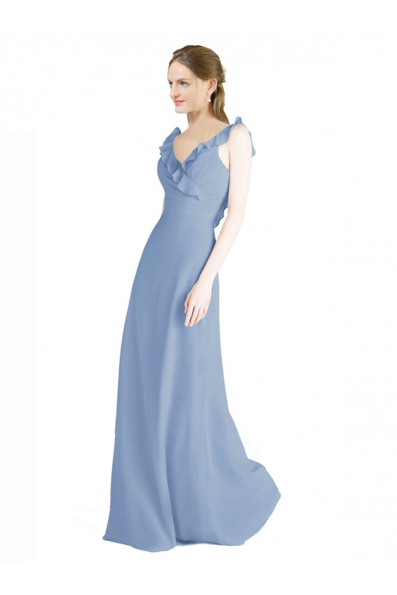 Vendeurs de Bleu poussiéreux Trapèze Col V Mousseline Longue Robes demoiselle d'honneur