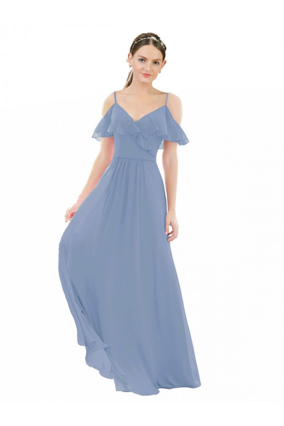 Vendeurs de Bleu poussiéreux Trapèze Col V Mousseline Longue Robes demoiselle d'honneur