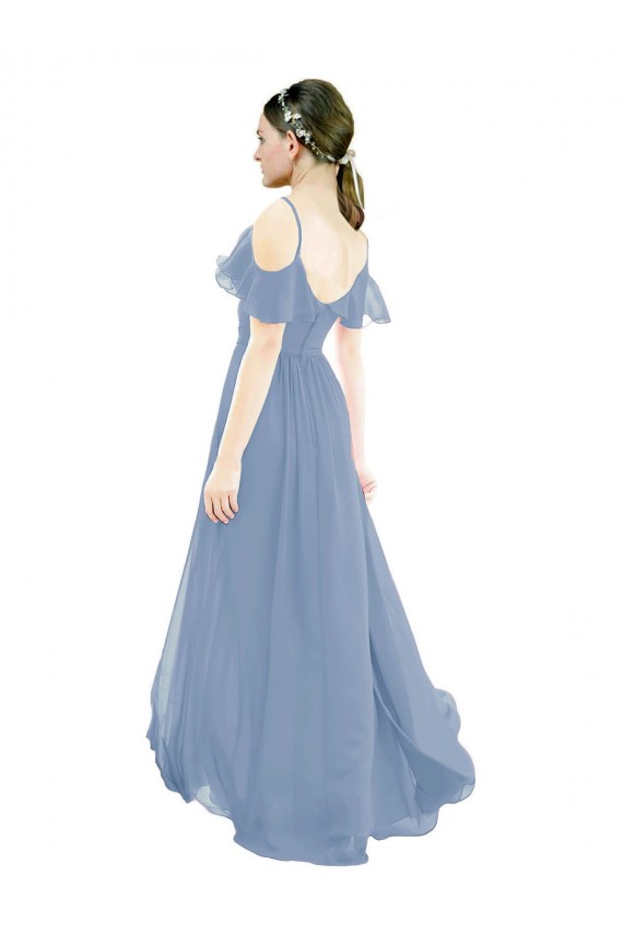 Vendeurs de Bleu poussiéreux Trapèze Col V Mousseline Longue Robes demoiselle d'honneur