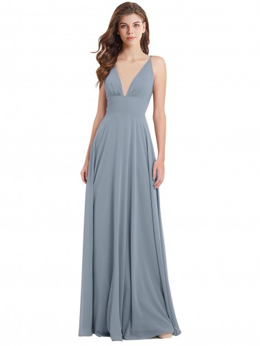 Vendeurs de Bleu poussiéreux Trapèze Col V Mousseline Longue Robes demoiselle d'honneur