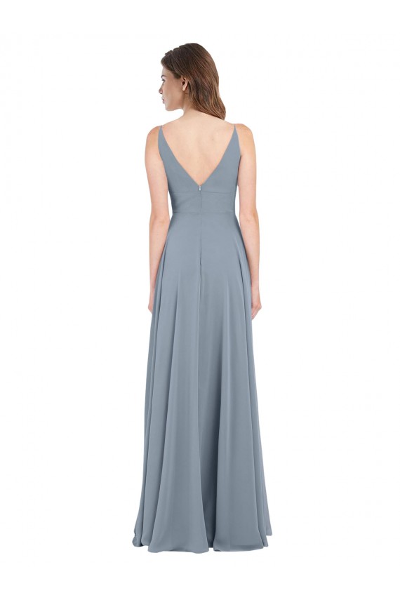 Vendeurs de Bleu poussiéreux Trapèze Col V Mousseline Longue Robes demoiselle d'honneur