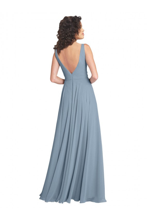 Vendeurs de Bleu poussiéreux Trapèze Col V Mousseline Longue Robes demoiselle d'honneur