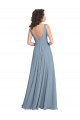 Vendeurs de Bleu poussiéreux Trapèze Col V Mousseline Longue Robes demoiselle d'honneur