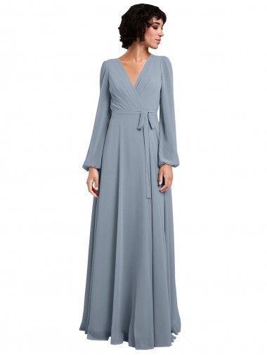 Vendeurs de Bleu poussiéreux Trapèze Col V Mousseline Longue Robes demoiselle d'honneur