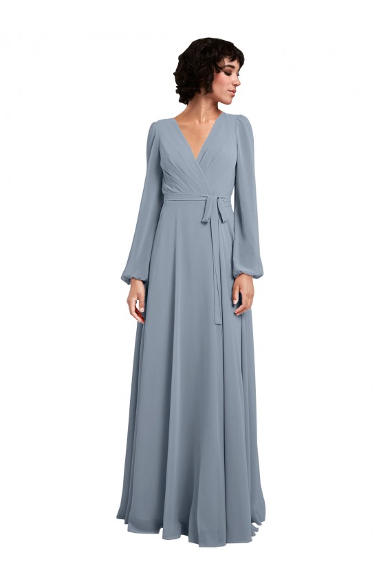 Vendeurs de Bleu poussiéreux Trapèze Col V Mousseline Longue Robes demoiselle d'honneur