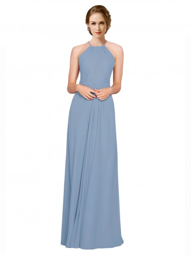 Vendeurs de Bleu poussiéreux Trapèze Licou Col Haut Mousseline Longue Robes demoiselle d'honneur