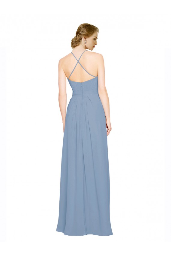 Vendeurs de Bleu poussiéreux Trapèze Licou Col Haut Mousseline Longue Robes demoiselle d'honneur
