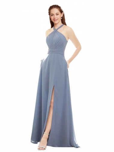 Vendeurs de Bleu poussiéreux Trapèze Licou Col Haut Mousseline Longue Robes demoiselle d'honneur