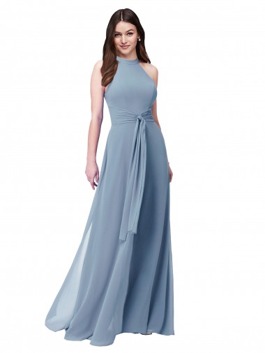 Vendeurs de Bleu poussiéreux Trapèze Licou Col Haut Mousseline Longue Robes demoiselle d'honneur