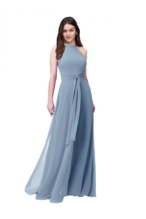 Vendeurs de Bleu poussiéreux Trapèze Licou Col Haut Mousseline Longue Robes demoiselle d'honneur