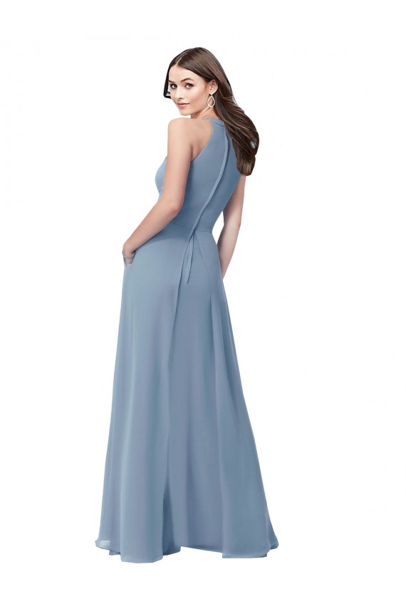 Vendeurs de Bleu poussiéreux Trapèze Licou Col Haut Mousseline Longue Robes demoiselle d'honneur