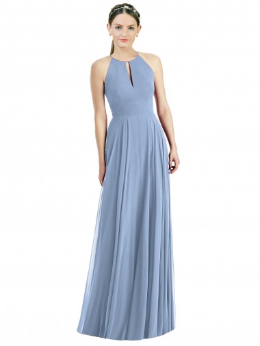 Vendeurs de Bleu poussiéreux Trapèze Licou Mousseline Longue Robes demoiselle d'honneur