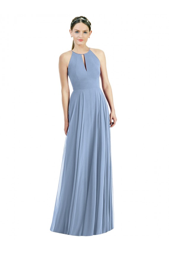 Vendeurs de Bleu poussiéreux Trapèze Licou Mousseline Longue Robes demoiselle d'honneur
