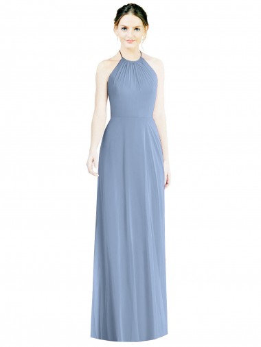 Vendeurs de Bleu poussiéreux Trapèze Licou Mousseline Longue Robes demoiselle d'honneur