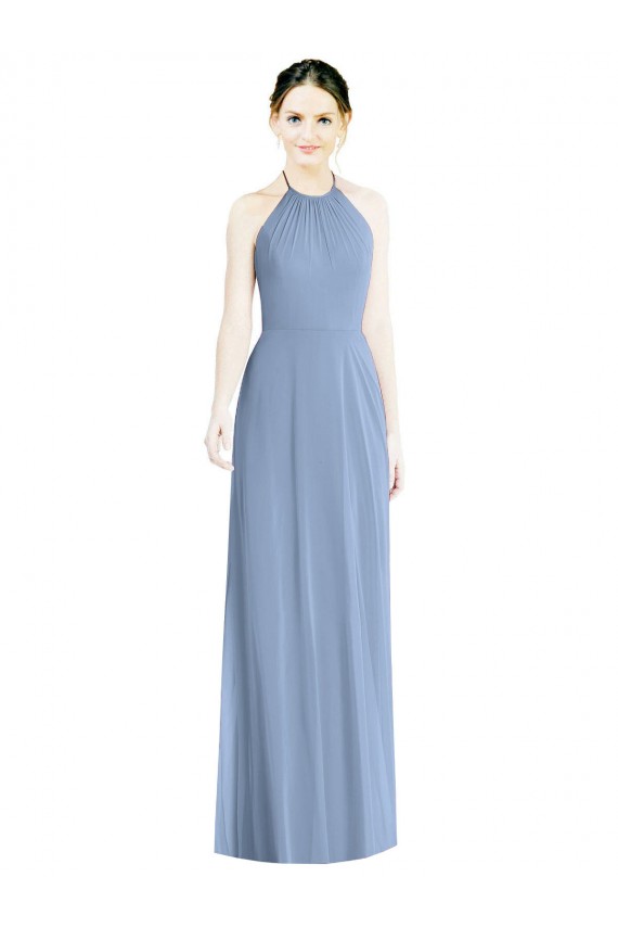 Vendeurs de Bleu poussiéreux Trapèze Licou Mousseline Longue Robes demoiselle d'honneur