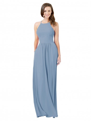Vendeurs de Bleu poussiéreux Trapèze Licou Mousseline Longue Robes demoiselle d'honneur