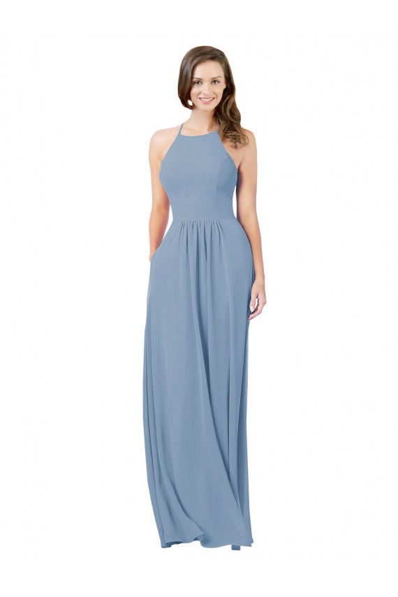 Vendeurs de Bleu poussiéreux Trapèze Licou Mousseline Longue Robes demoiselle d'honneur