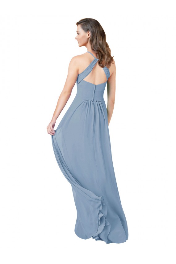 Vendeurs de Bleu poussiéreux Trapèze Licou Mousseline Longue Robes demoiselle d'honneur