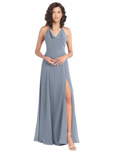 Vendeurs de Bleu poussiéreux Trapèze Licou Mousseline Longue Robes demoiselle d'honneur