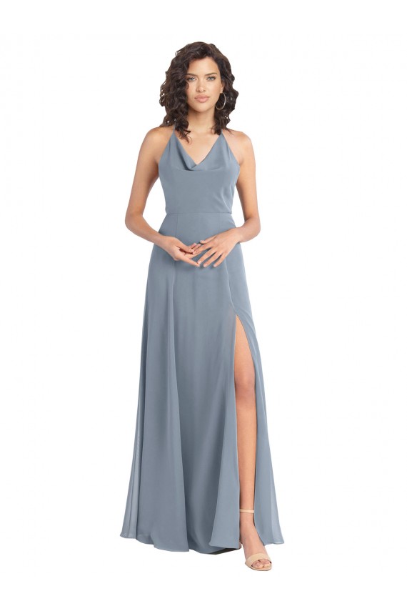 Vendeurs de Bleu poussiéreux Trapèze Licou Mousseline Longue Robes demoiselle d'honneur