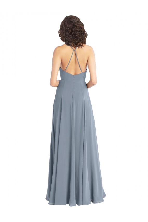 Vendeurs de Bleu poussiéreux Trapèze Licou Mousseline Longue Robes demoiselle d'honneur