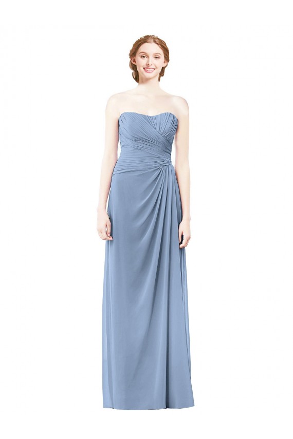 Vendeurs de Bleu poussiéreux Trapèze Sans bretelle Mousseline Longue Robes demoiselle d'honneur