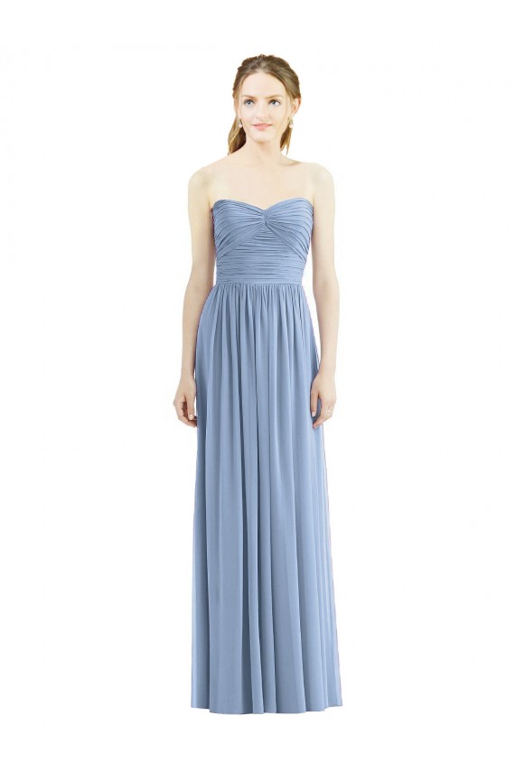 Vendeurs de Bleu poussiéreux Trapèze Sans bretelle Mousseline Longue Robes demoiselle d'honneur