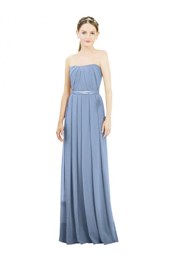 Vendeurs de Bleu poussiéreux Trapèze Sans bretelle Mousseline Longue Robes demoiselle d'honneur