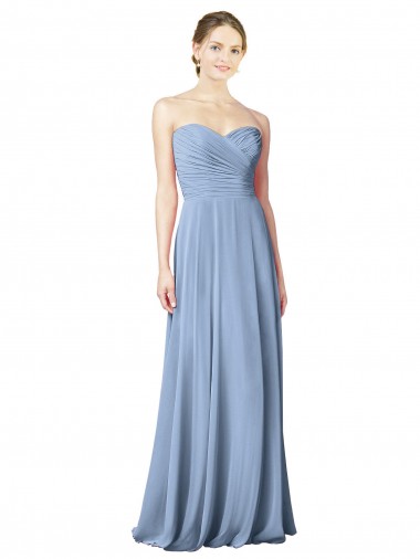 Vendeurs de Bleu poussiéreux Trapèze Sans bretelle Mousseline Longue Robes demoiselle d'honneur