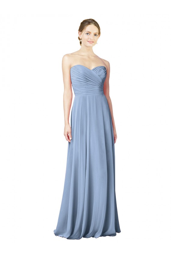 Vendeurs de Bleu poussiéreux Trapèze Sans bretelle Mousseline Longue Robes demoiselle d'honneur