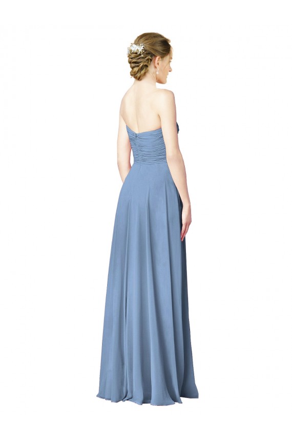 Vendeurs de Bleu poussiéreux Trapèze Sans bretelle Mousseline Longue Robes demoiselle d'honneur